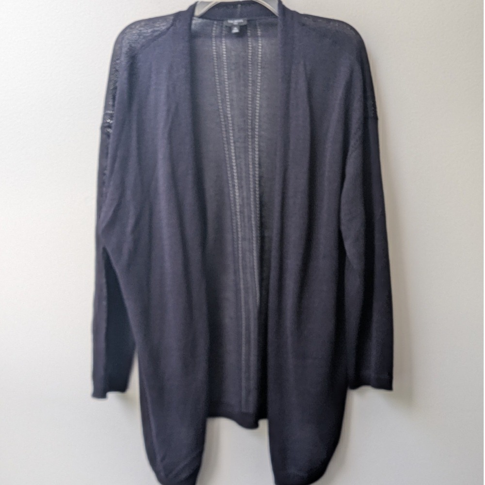 Talbots Cardigan Navy Blue Linen Blend Pointelle Open Front 1X Quiet Luxury